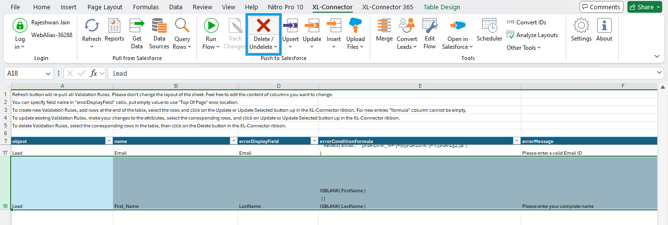 Delete Validation Rules using XL-Connector to manage Salesforce Validation rules