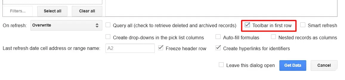 Toolbar in the first row