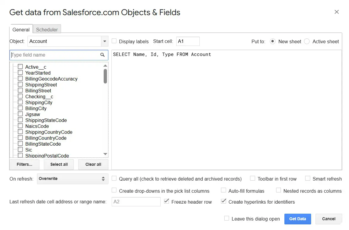 Get data dialog box