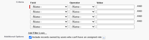 Salesforce screen for defining field-level criteria in a Criteria-Based Sharing Rule using field, operator, and value