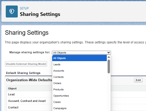 Salesforce Sharing Settings screen with object dropdown for configuring sharing rules