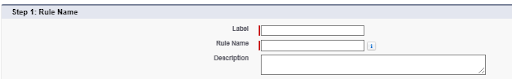Salesforce screen for entering Label, Rule Name, and optional description when defining a Sharing Rule