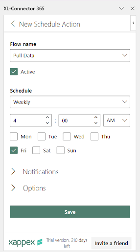 New schedule action in XL-Connector 365 with flow name, time, weekdays, and Slack or email notification options.