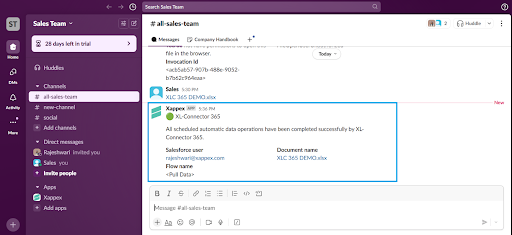 Slack notification from XL-Connector 365 showing a completed data sync with document name and user email.
