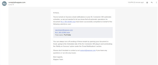 Email from XL-Connector 365 confirming successful data sync with document name, flow name, and user details.