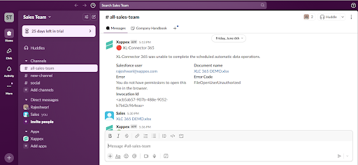 Slack error notification from XL-Connector 365 showing failed data sync with document name, error code, and user email.
