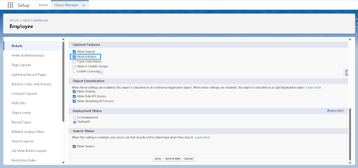 Salesforce Employee object settings with Allow Reports, Allow Activities, and Bulk API access enabled.