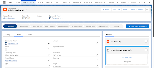 Salesforce Opportunity record showing empty Notes & Attachments related list with option to upload files.