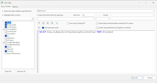 XL-Connector Get Data window showing SOQL query selecting Body, Id, Name and other fields from Attachment object.