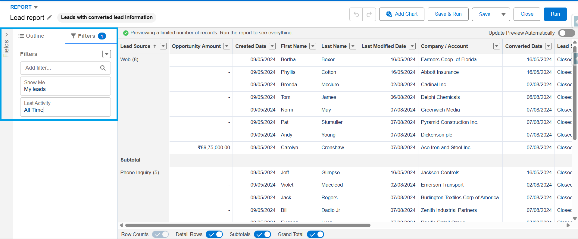 Salesforce report creation screen showing filters panel and lead report data table