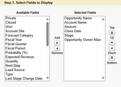 Salesforce Classic “Select Fields to Display” section showing available and selected fields for a new list view.