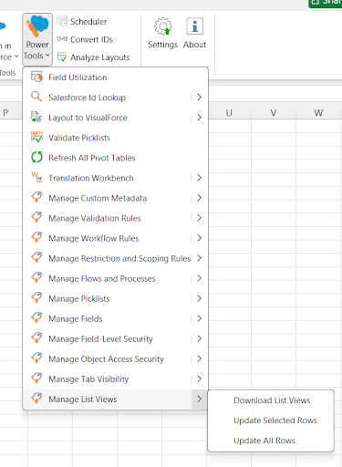 Excel window showing the XL-Connector Power Tools menu open with the “Manage List Views” and “Download List Views” options visible.