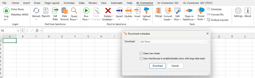Excel with XL-Connector toolbar visible and the “Download metadata” dialog open showing options to download List Views.