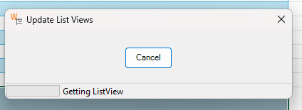 Excel showing XL-Connector “Update List Views” dialog with a progress bar and Cancel button while updating a Salesforce list view.