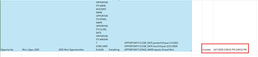 Excel sheet showing XL-Connector table with Salesforce list view details and a “Created” timestamp highlighted in the result log column.
