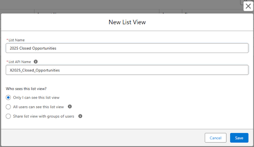 Salesforce Lightning “New List View” window showing fields for List Name, List API Name, and visibility options for who can see the list.