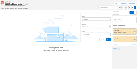 Salesforce Lightning List View showing the Filters panel with fields for defining conditions by field, operator, and value, and the Save button highlighted.