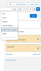 Salesforce Lightning List View controls menu open next to the search bar, showing the “Select Fields to Display” option highlighted.