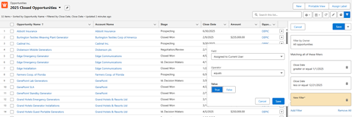 Salesforce Lightning “2025 Closed Opportunities” List View showing a filter using a checkbox for records assigned to the current user.