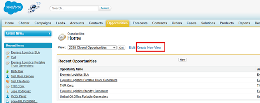 Salesforce Classic “Opportunities” page showing the “Create New View” link highlighted for creating a new list view.
