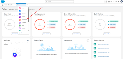 Salesforce Lightning interface showing the dropdown menu to select an object such as Accounts or Contacts in the Sales Console.