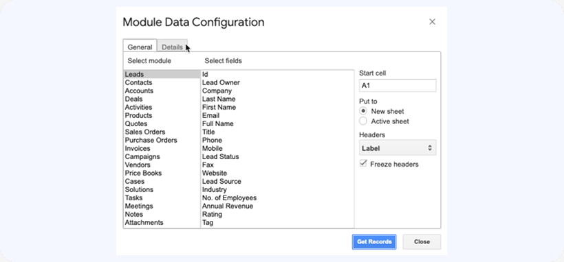 Module data dialog box