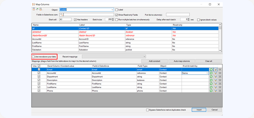 Use row above your data