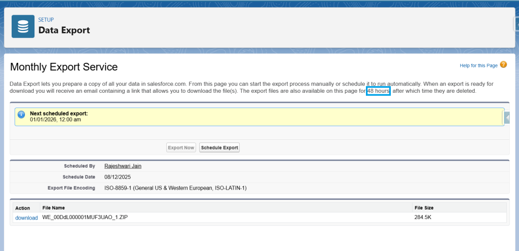 Data export File availability