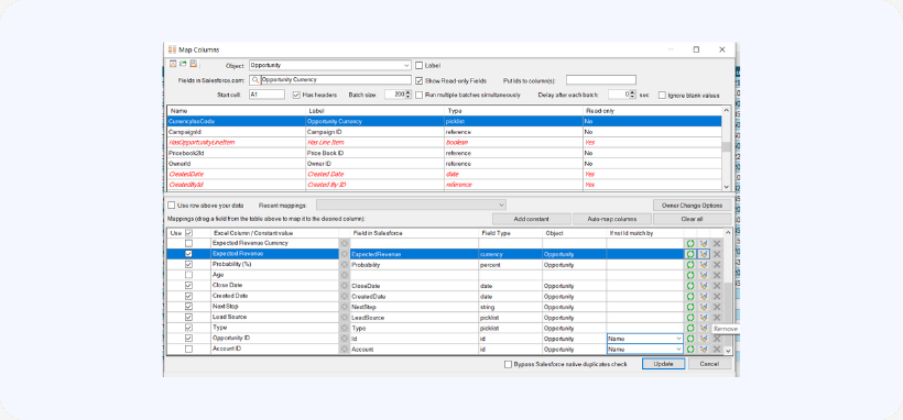 Map columns to fields