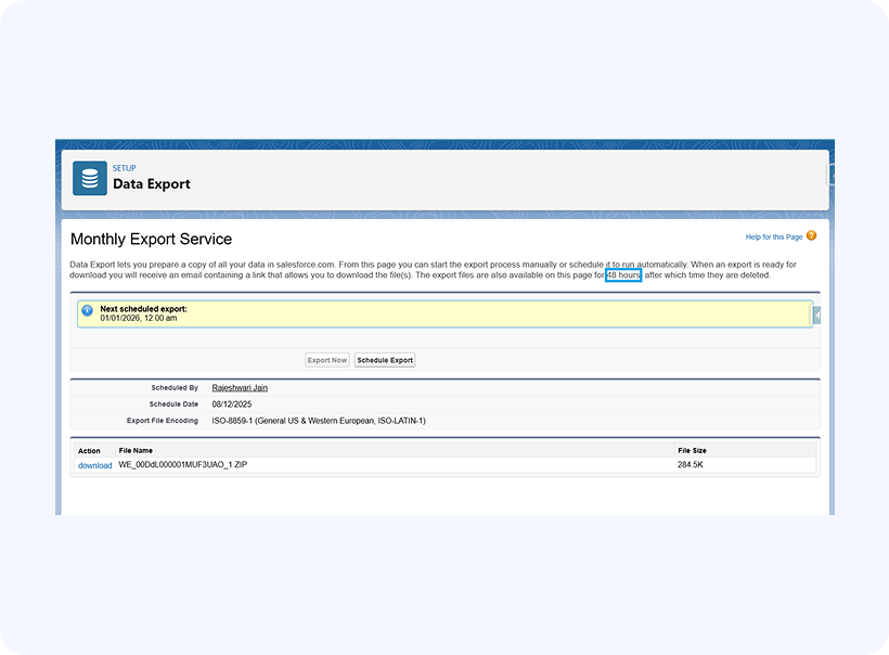 Data export File availability