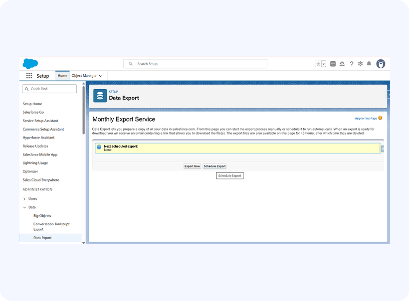 Data Export schedule per org