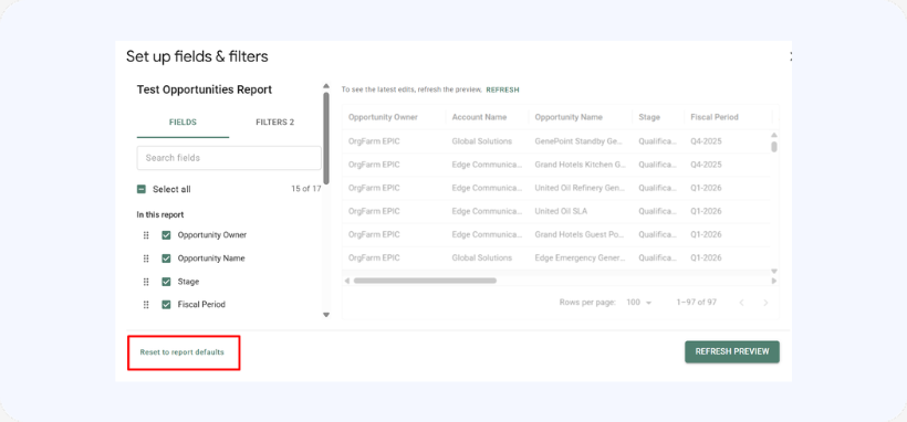 Reset report defaults