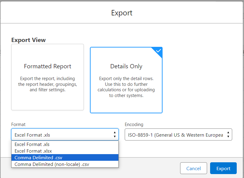 Export salesforce report from report page