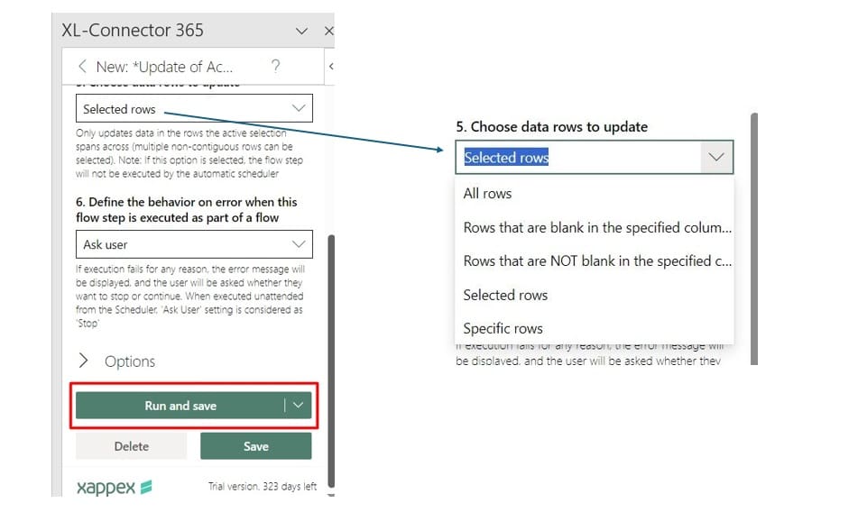 Select rows to update with XL-Connector 365