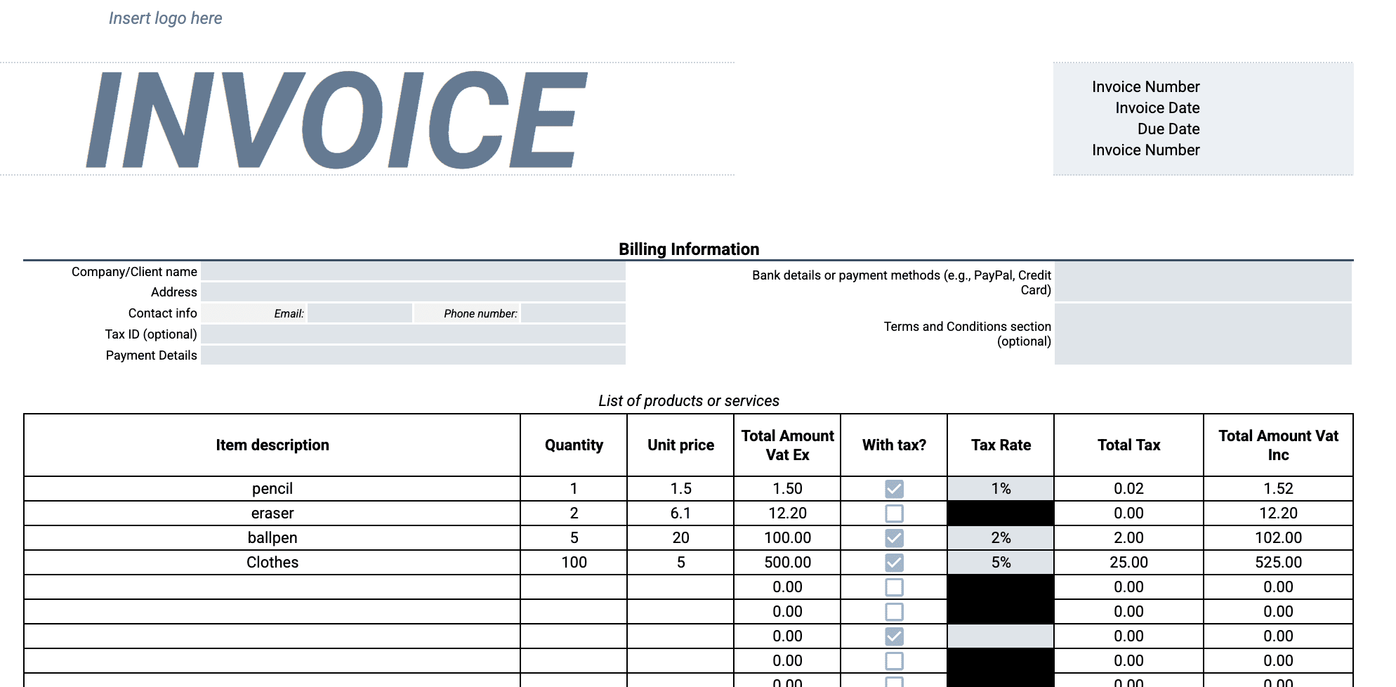 Invoice template for Excel and Google Sheets
