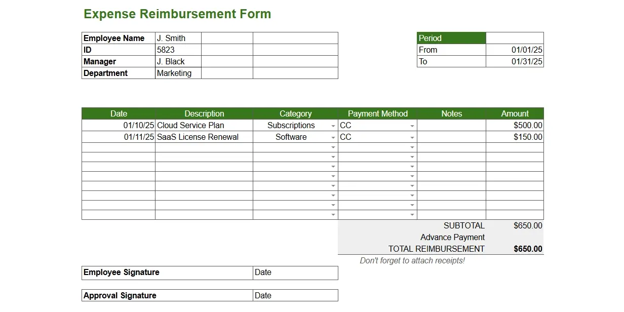 Reimbursement form template for tracking employee expenses with date, category, payment method, amount, and signature fields.