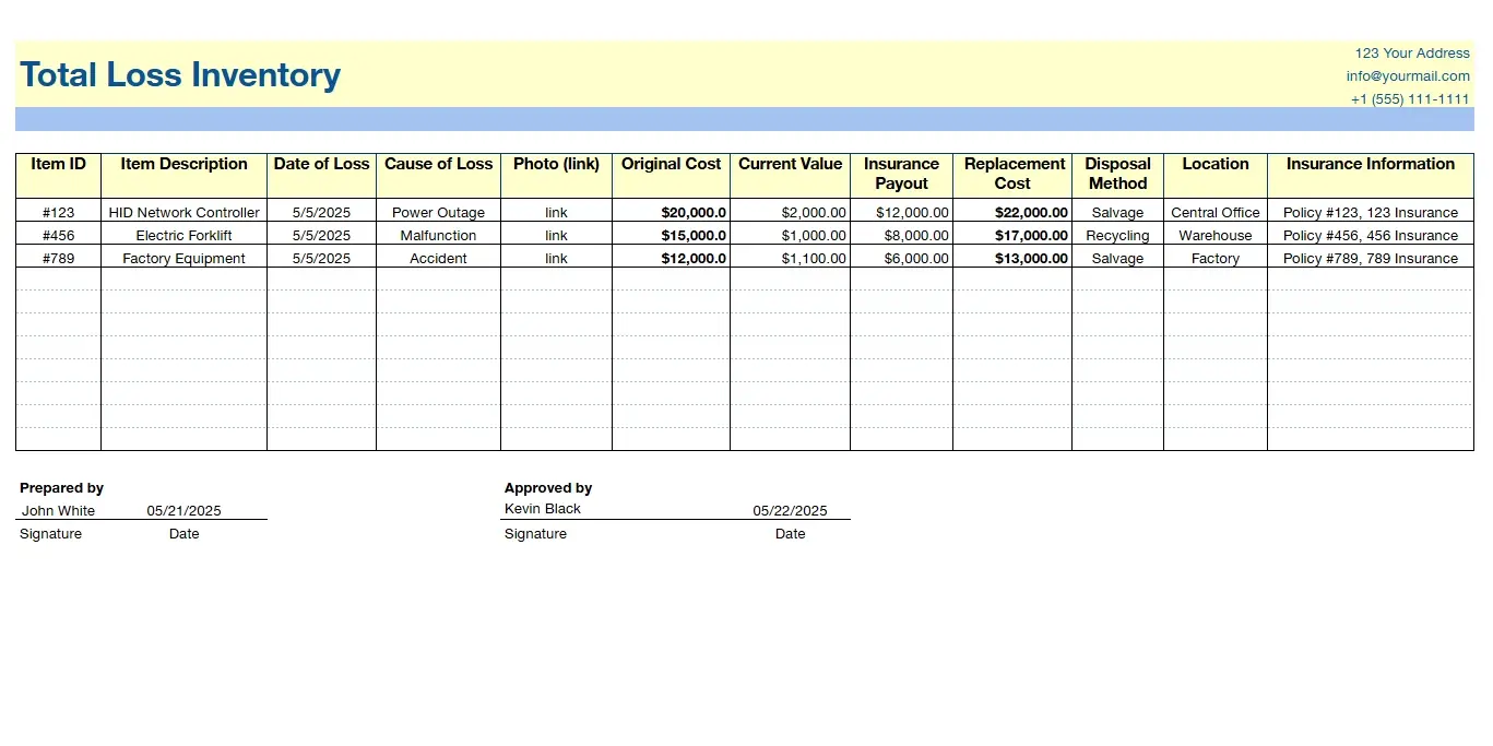 Total loss inventory list template showing item details, loss date, cost, payout, and insurance info for claim documentation.