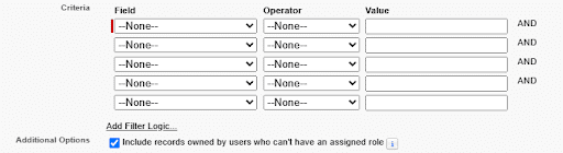 Salesforce screen for defining field-level criteria in a Criteria-Based Sharing Rule using field, operator, and value