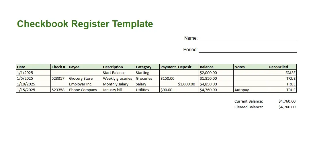 Free checkbook register template with columns for date, payee, payment, deposit, balance, and reconciliation tracking.