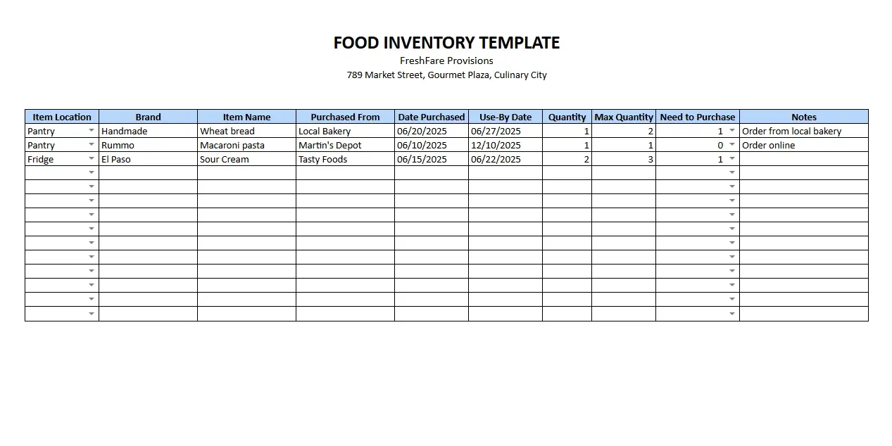 Food inventory template with columns for item name, location, quantity, expiration dates, and purchase notes.