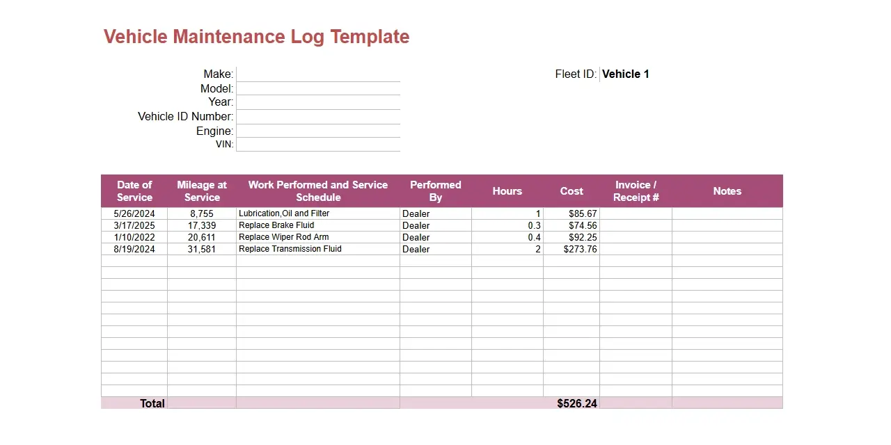 Vehicle maintenance log template with mileage, service details, cost, hours, and invoice tracking for a single fleet vehicle.