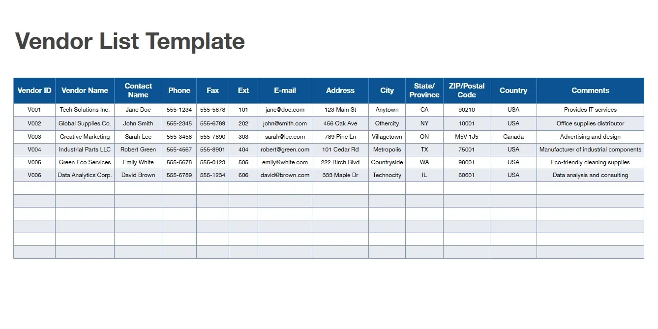 Vendor List Template spreadsheet with supplier contact details, addresses, and notes for easy vendor management.