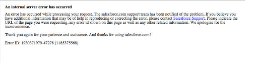 Salesforce internal error message showing GACK ID and stack trace ID example for troubleshooting.