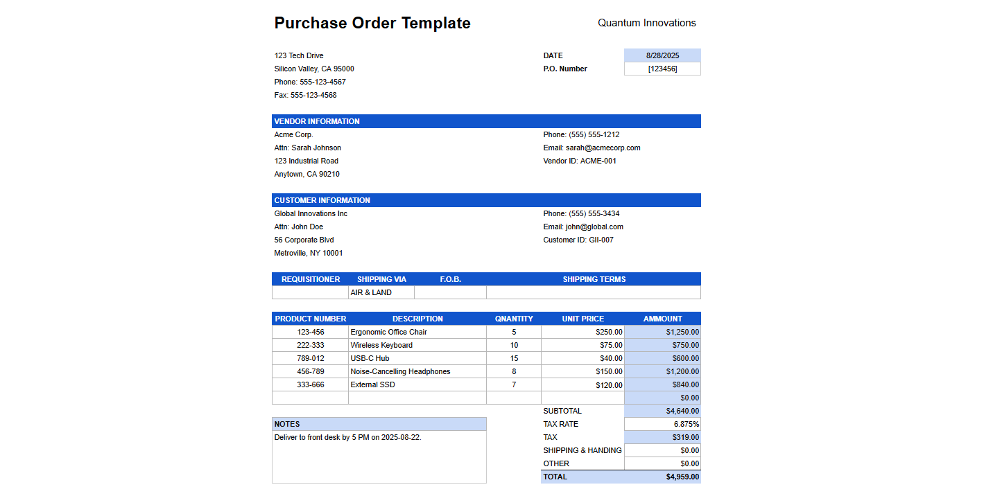 Purchase Order Template with supplier and buyer information, item descriptions, unit prices, and calculated totals.