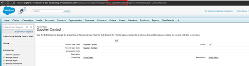 Screenshot of Salesforce Classic showing the "Supplier Contact" Record Type with the 15-character Record