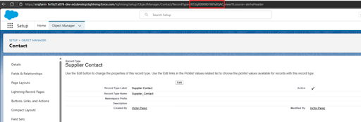Screenshot of Salesforce Lightning showing the "Supplier Contact" Record Type with the 18-character Record Type ID highlighted in the URL.