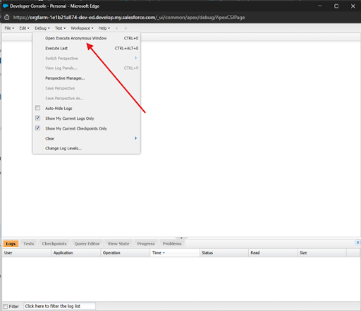 Screenshot of the Salesforce Developer Console with the "Debug" menu open and an arrow pointing to the "Open Execute Anonymous Window" option.