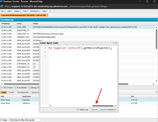 Screenshot of the Salesforce Developer Console showing the Execute Anonymous window with Apex code to get a Record Type ID and the "Execute" button highlighted.