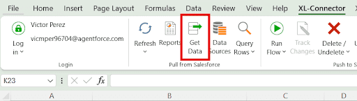  Screenshot of Excel with XL-Connector tab open, highlighting the “Get Data” button used to pull data from Salesforce.