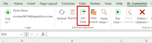 Screenshot of Excel with XL-Connector tab open, highlighting the “Get Data” button used to pull data from Salesforce.